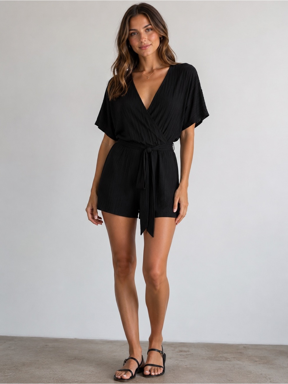 H&M Women's Black V-Neck Tie Waist Short Sleeve Ribbed Romper Size XXL